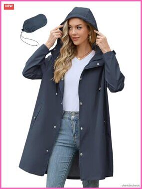 Packable Long Waterproof Rain Jacket with Hood